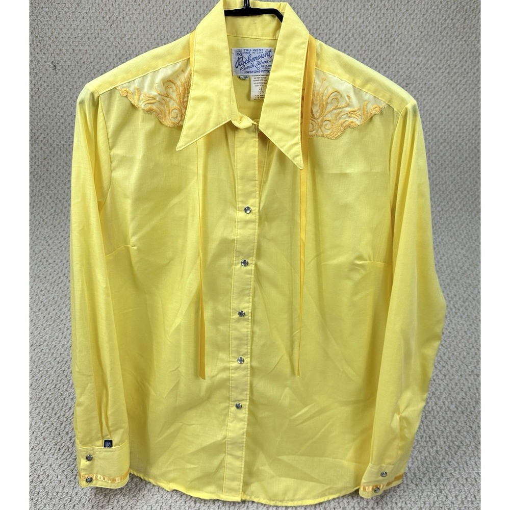 Vtg Rockmount Ranch Wear Shirt Womens 38 Yellow Western Pearl Snap Ribbon Floral